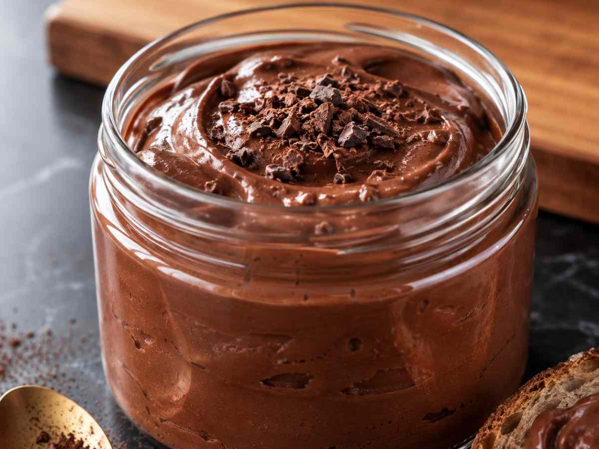 Cremige vegane Kakao-Mousse in kleinen Gläsern, mit Kakaonibs bestreut, so serviere ich sie bei mir