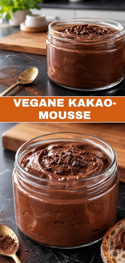 Pinterest-Pin für vegane Kakao-Mousse, cremig und in 10 Minuten Arbeitszeit fertig