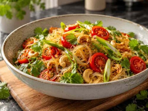 Veganer Glasnudelsalat mit Cherrytomaten, Cashewkernen und Koriander, angerichtet in einer Schüssel