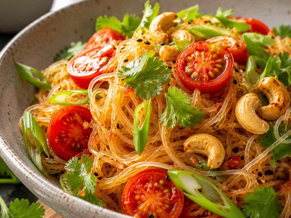 Veganer Glasnudelsalat mit Cherrytomaten, Cashewkernen und Koriander, angerichtet in einer Schüssel