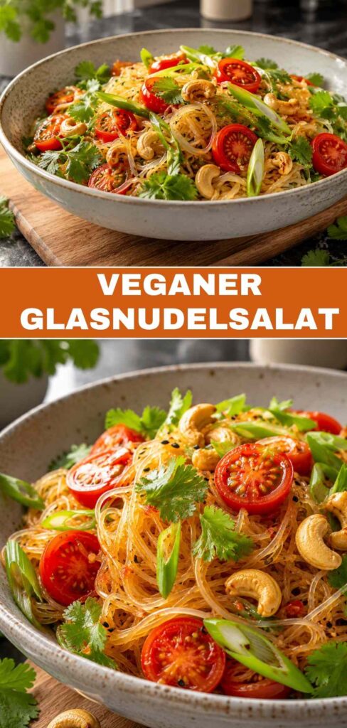Pinterest-Pin für erfrischenden veganen Glasnudelsalat, würzig und in 25 Minuten fertig