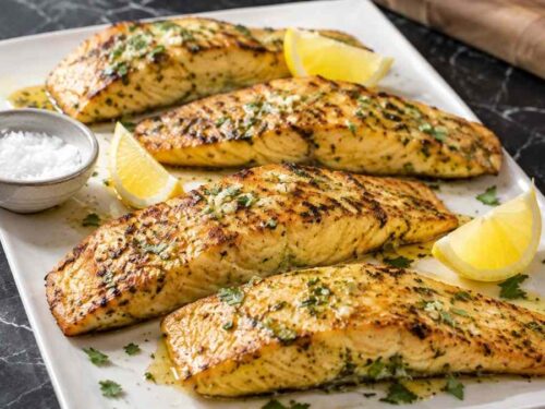 Gegrillter Zitronen-Knoblauch-Fisch auf einem weißen Teller, angerichtet mit Zitronenscheiben und frischer Petersilie Rezeptkarte