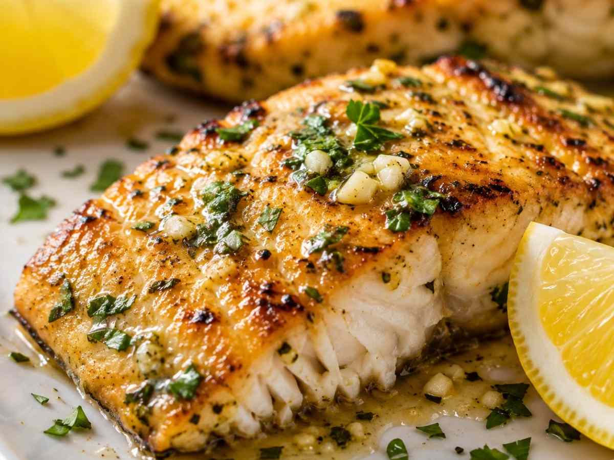 Gegrillter Zitronen-Knoblauch-Fisch auf einem weißen Teller, angerichtet mit Zitronenscheiben und frischer Petersilie Rezeptkarte