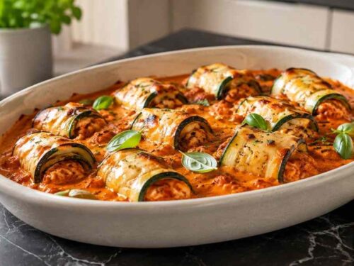 Zucchiniröllchen in Tomatenrahm mit geschmolzenem Gouda überbacken, serviert in einer weißen Auflaufform
