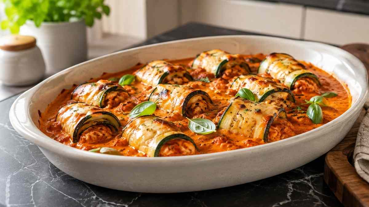 Zucchiniröllchen in Tomatenrahm