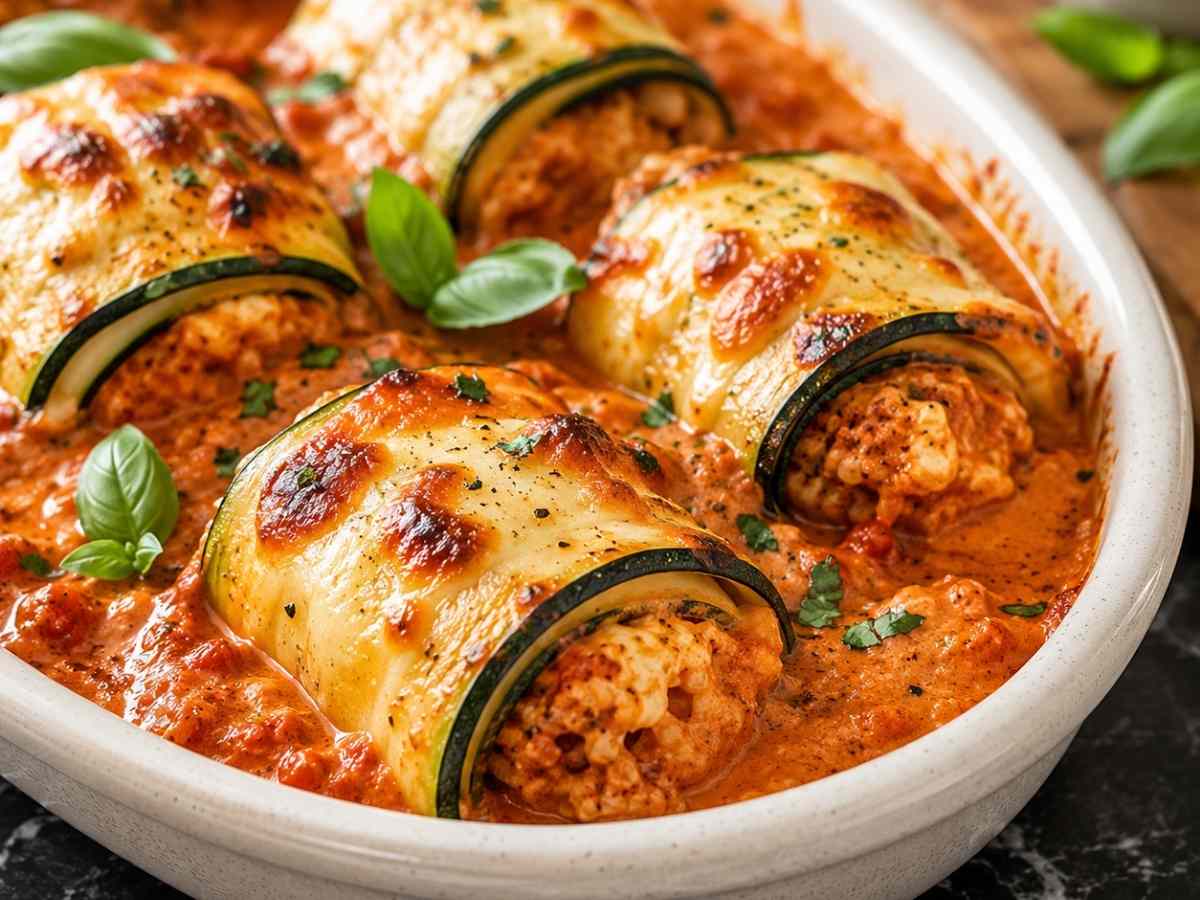 Zucchiniröllchen in Tomatenrahm mit geschmolzenem Gouda überbacken, serviert in einer weißen Auflaufform