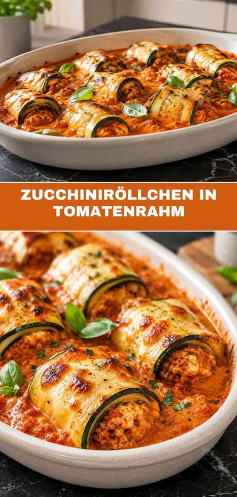 Pinterest-Pin für Zucchiniröllchen in Tomatenrahm, cremig überbacken und in 60 Minuten fertig