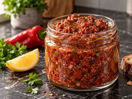 Acılı Ezme türkische Gemüsepaste in einer Schüssel mit Fladenbrot