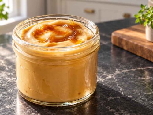 Ahornsirup-Pudding in fünf Schraubgläsern auf dem Küchentisch mit frischen Himbeeren und einer Flasche Ahornsirup