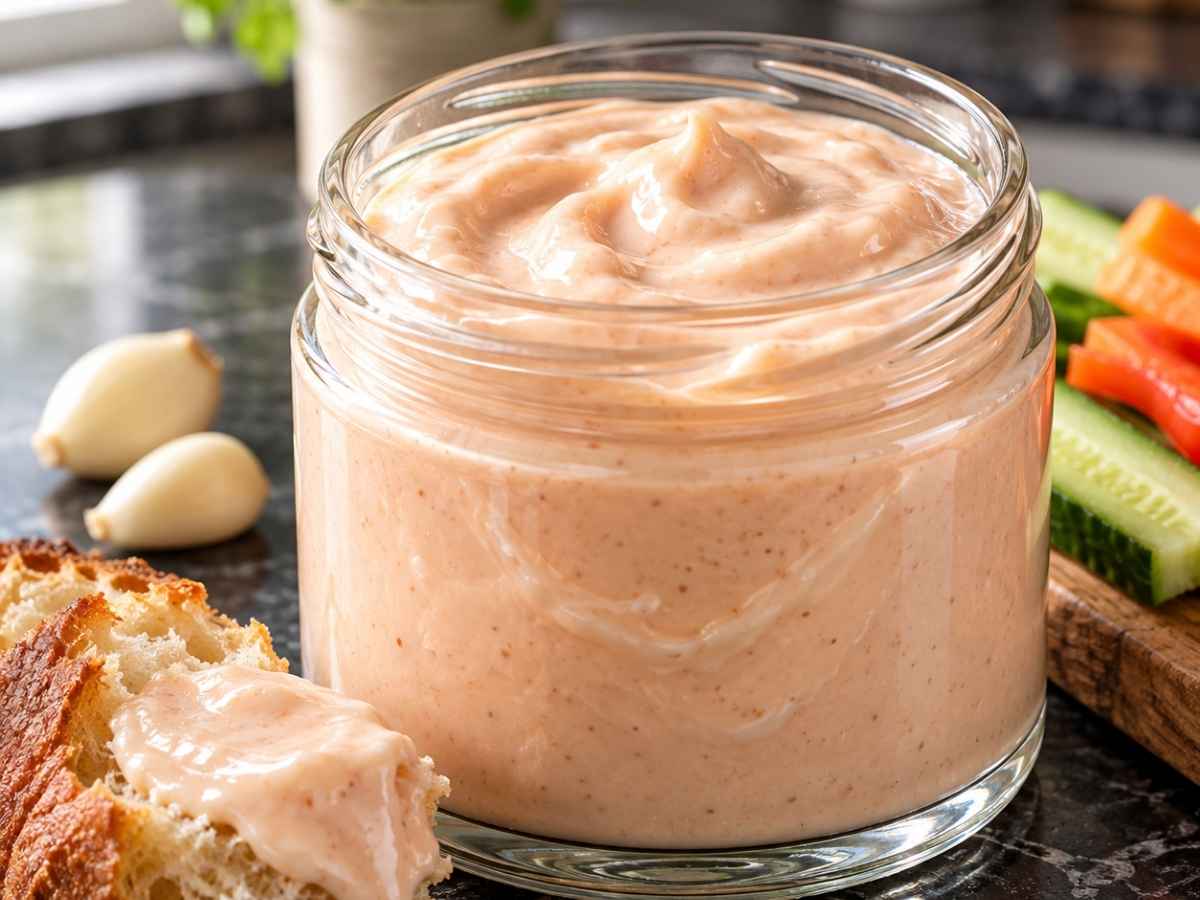 Nahaufnahme von cremiger Aioli light mit Magerquark und Knoblauch, ein Gurkenstick wird eingetunkt