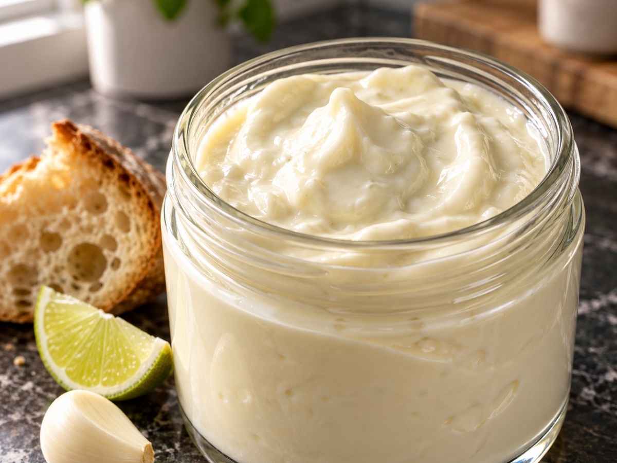 Nahaufnahme von cremiger Aioli mit Joghurt mit leichtem Glanz und einer eingetunkten Kartoffelspalte