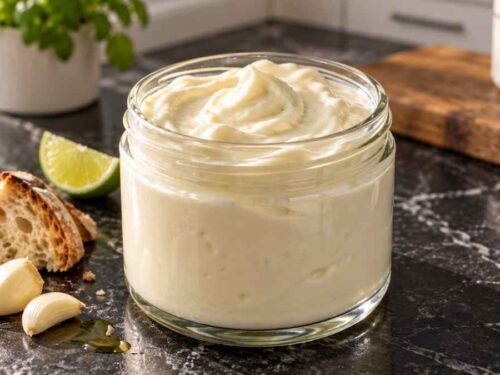 Aioli mit Joghurt in einem kleinen Schälchen, daneben ein Blech mit knusprigen Ofenkartoffelspalten und Limettenhälften