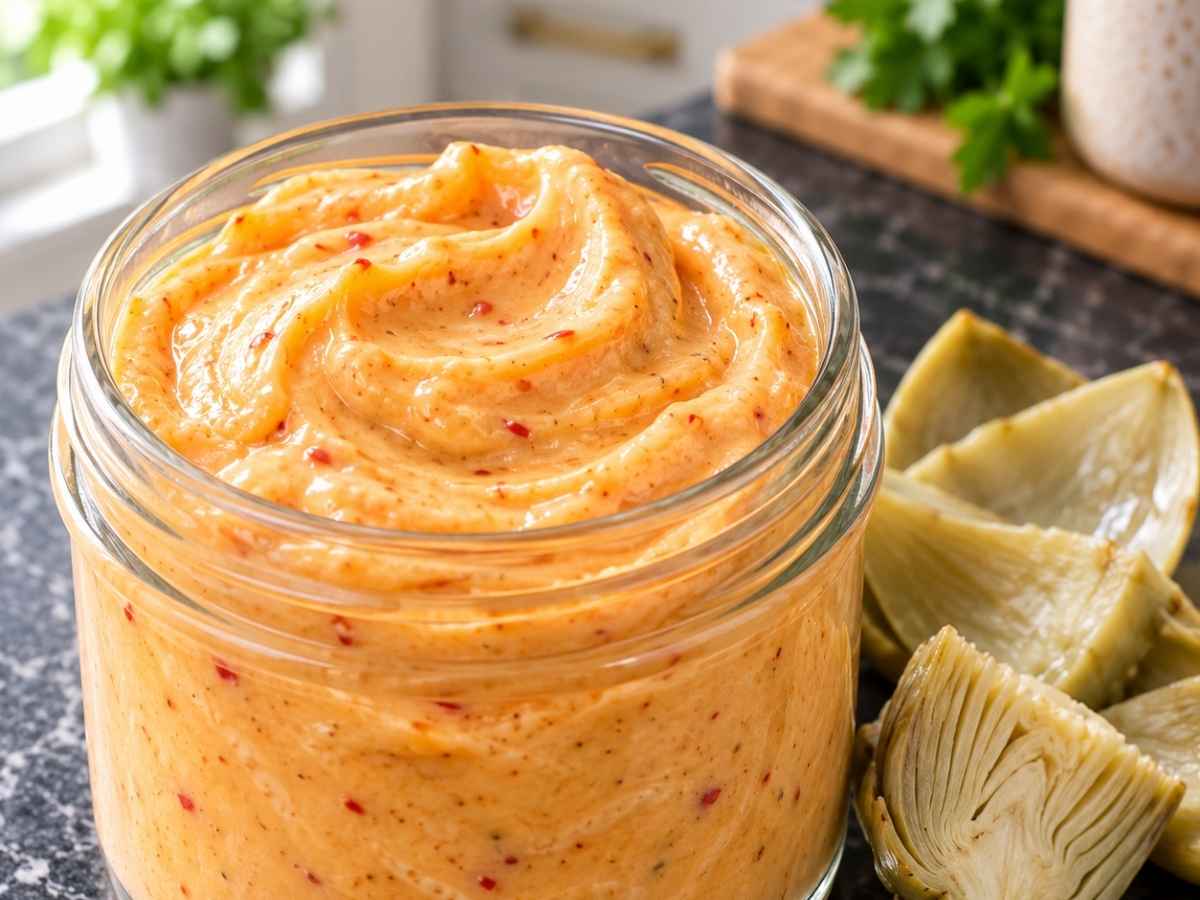 Nahaufnahme der cremigen Ajvar-Mayonnaise für Artischocken mit einem eingetauchten Artischockenblatt