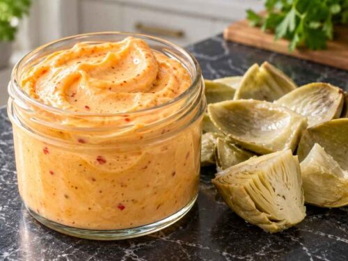 Ajvar-Mayonnaise für Artischocken Ajvar-Mayonnaise für Artischocken in einem Schälchen neben zwei gekochten Artischocken auf einem Holzbrett