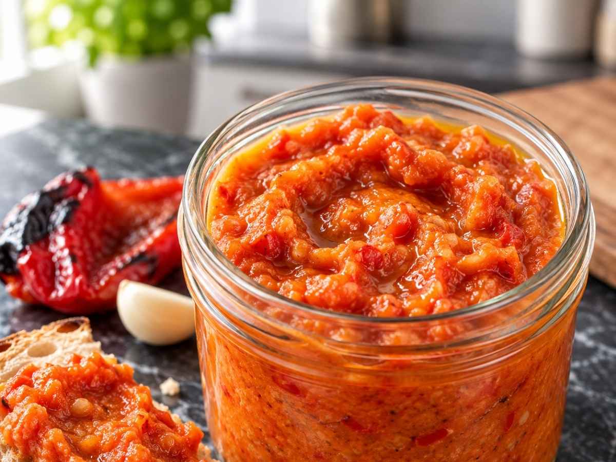Ajvar 2 Nahaufnahme von cremigem, leicht stückigem Ajvar auf einem Löffel