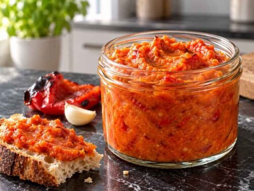 Zwei Gläser selbstgemachter Ajvar aus Paprika und Aubergine im Kühlschrank
