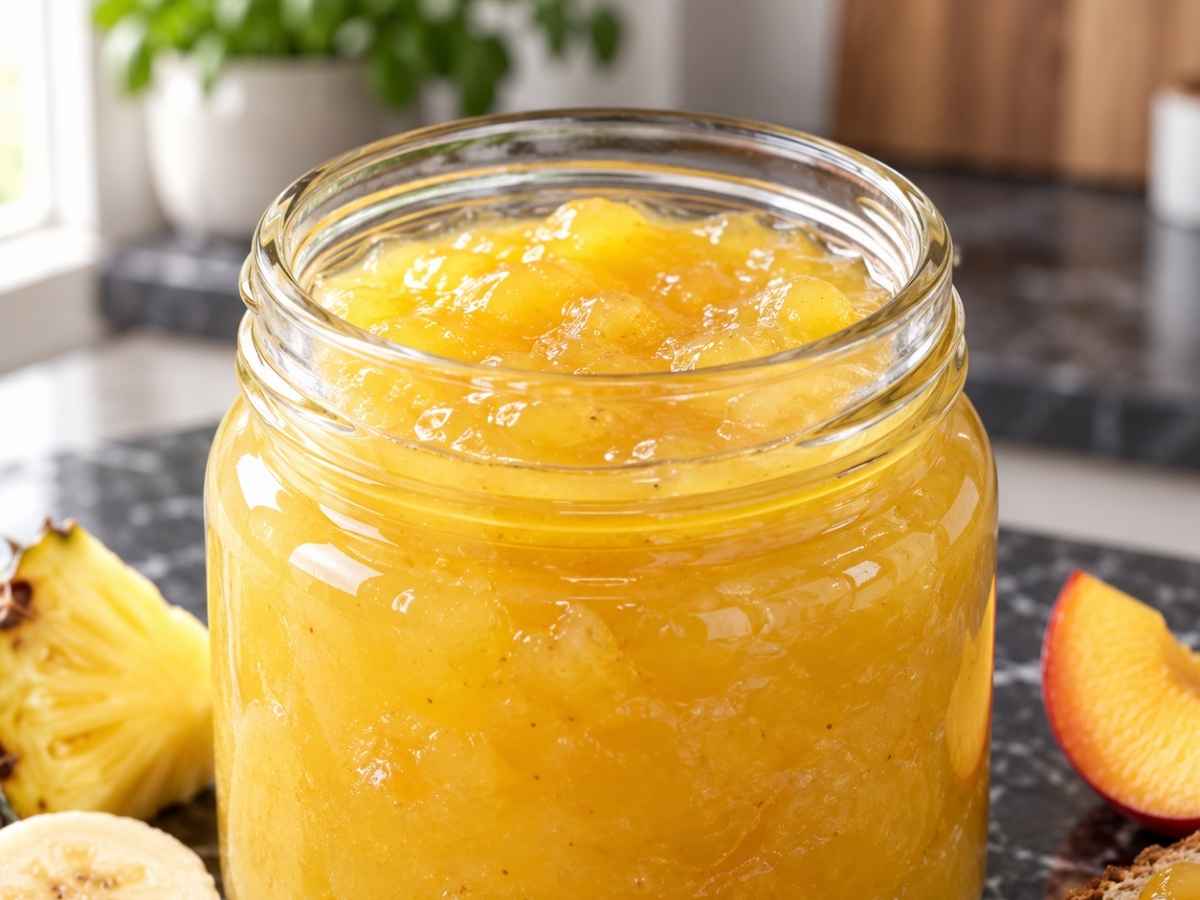 Nahaufnahme von Ananas-Bananen-Konfitüre, dick auf eine Brötchenhälfte mit Butter gestrichen, daneben ein Löffel