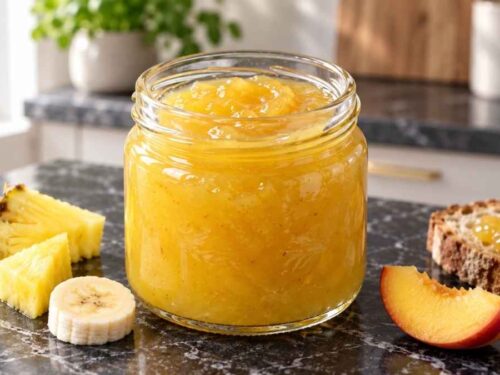 Ananas-Bananen-Konfitüre in zwei Schraubgläsern neben frischen Brötchen, Ananasstücken und einer Nektarine