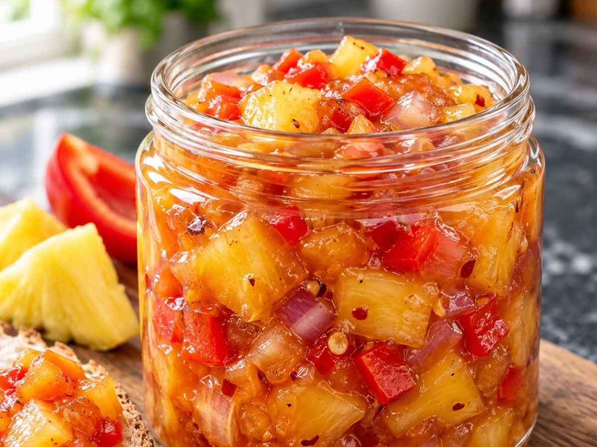 Nahaufnahme von Ananas-Chutney auf einem Löffel mit sichtbaren Ananas-, Paprika- und Apfelstücken