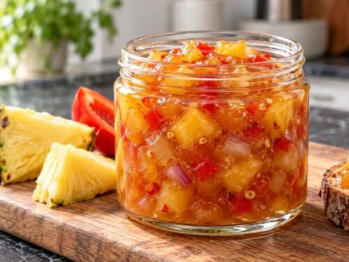 Ananas-Chutney mit Paprika und Apfel in vier Schraubgläsern auf der Küchenarbeitsplatte