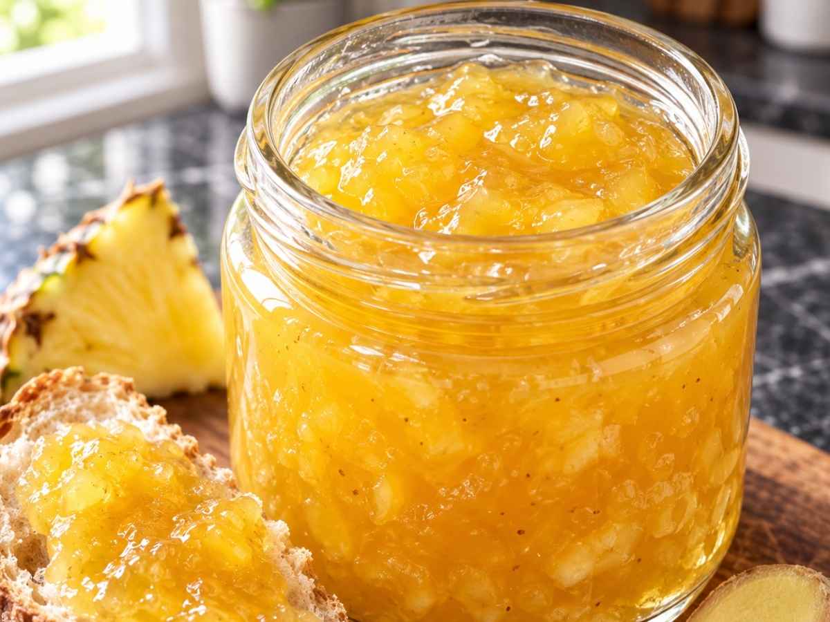 Ananas-Ingwer-Konfitüre 2 Nahaufnahme von goldgelber Ananas-Ingwer-Konfitüre mit kleinen Fruchtstücken auf einem Brötchen mit Frischkäse