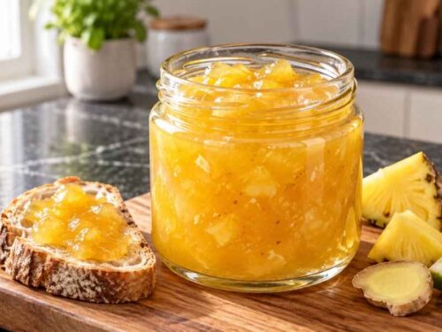 Ananas-Ingwer-Konfitüre in zwei Schraubgläsern auf dem Küchentisch, daneben eine halbe Ananas und frischer Ingwer