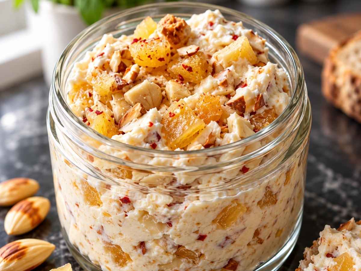 Nahaufnahme vom cremigen Ananas-Mandel-Aufstrich mit gehackten gerösteten Mandeln und Ananasstückchen als Topping