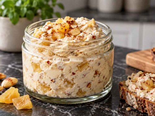 Ananas-Mandel-Aufstrich Ananas-Mandel-Aufstrich mit Frischkäse im Schälchen, daneben Bauernbrot, Vollkorncracker und Gemüsesticks auf einem Holzbrett
