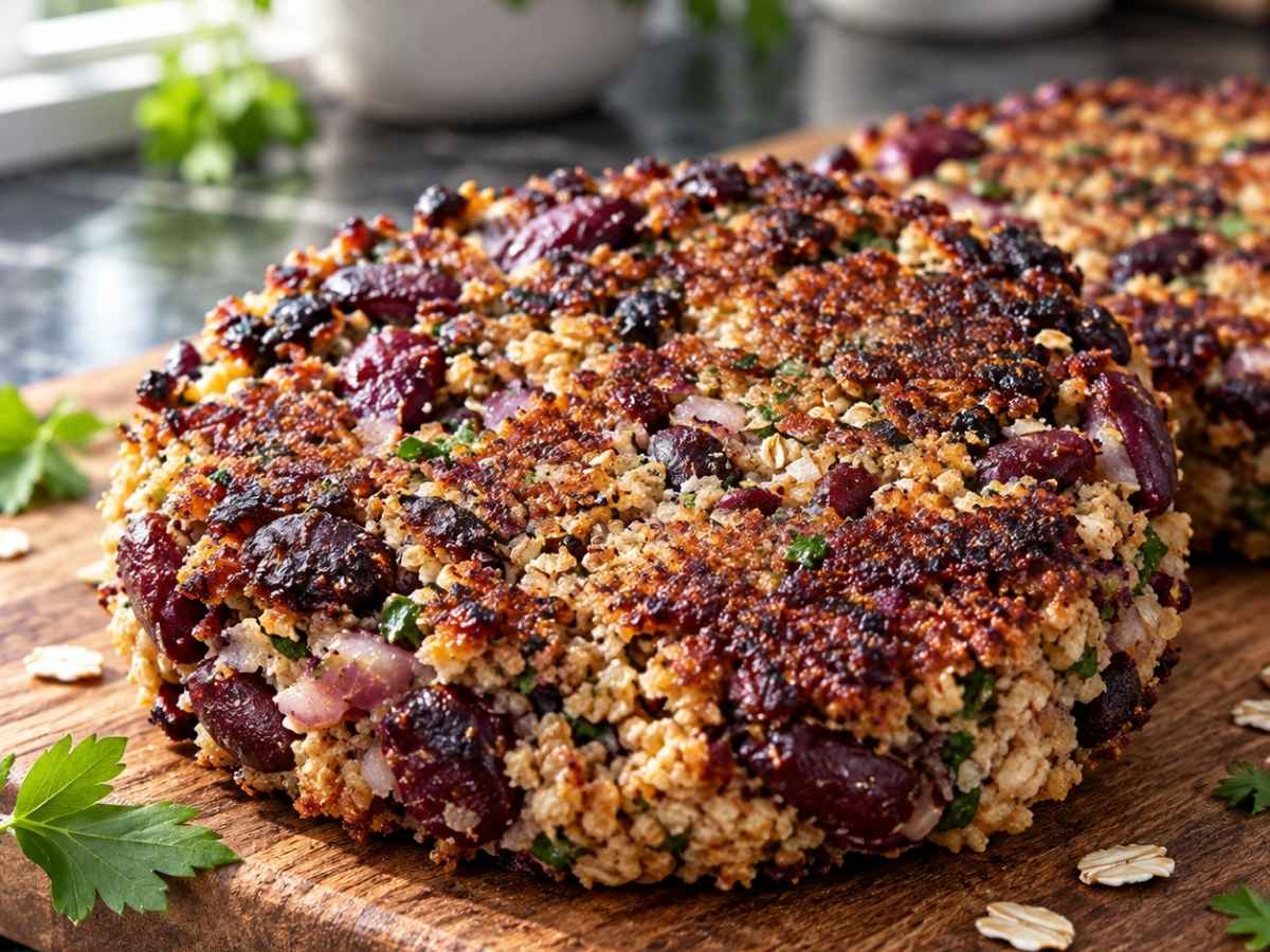 Kross gebratenes Patty vom veganen Bohnen-Burger in der Pfanne