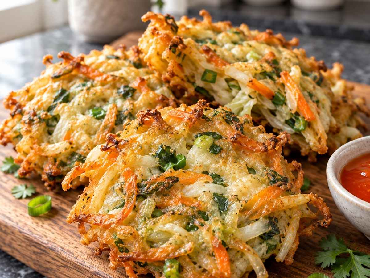 Nahaufnahme eines angeschnittenen veganen Gemüsepuffers mit sichtbarem Weißkohl und Möhren