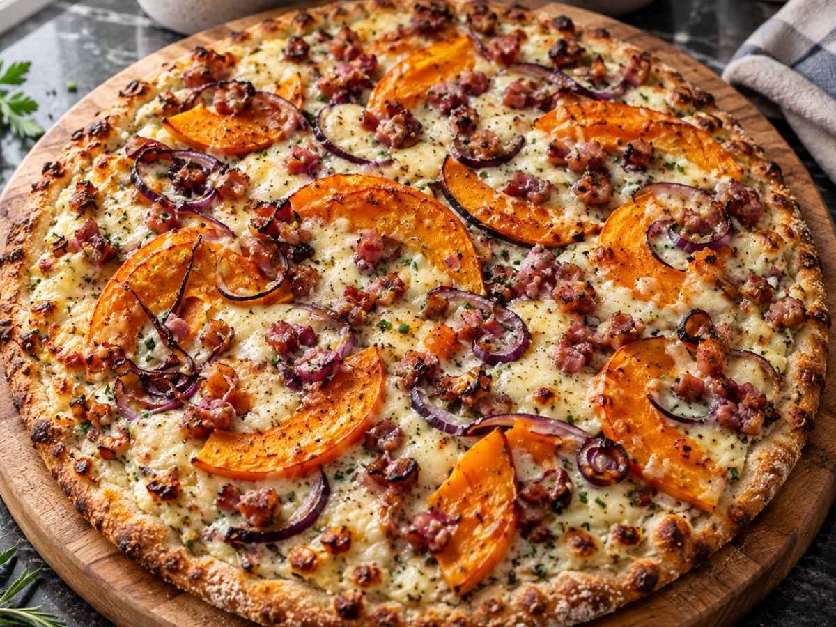 Angeschnittenes Stück Kürbis-Pizza mit Speck, Apfel und geschmolzenem Käse