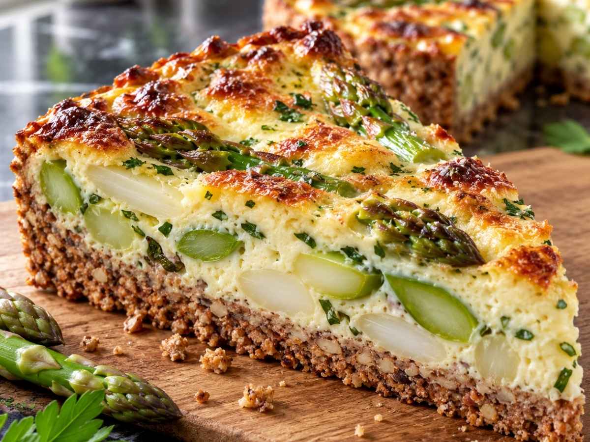 Low-Carb-Quiche mit Spargel 2 Nahaufnahme eines Stücks Low-Carb-Quiche mit Spargel und cremigem Bärlauch-Guss