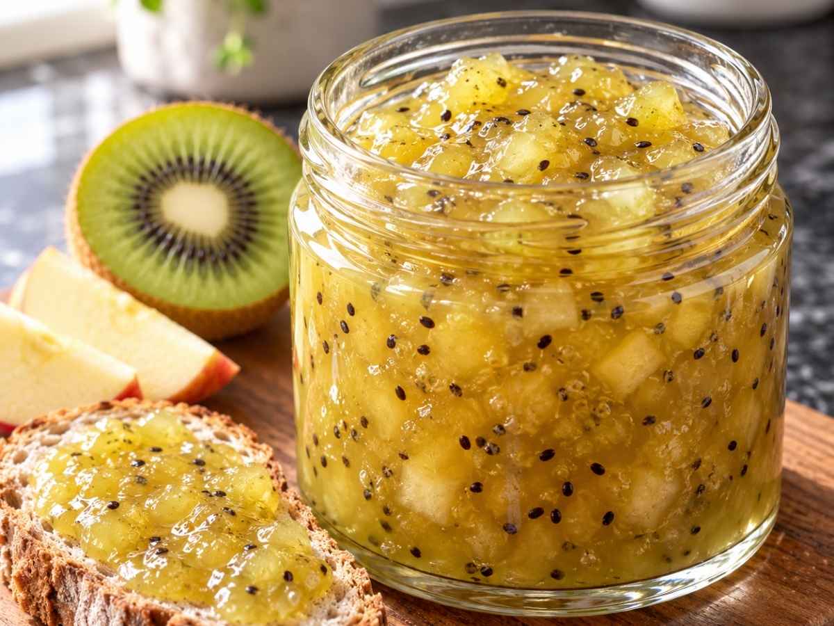 Apfel-Kiwi-Konfitüre 2 Nahaufnahme von grüner Apfel-Kiwi-Konfitüre auf einem Brötchen mit Butter, Kiwikerne gut sichtbar