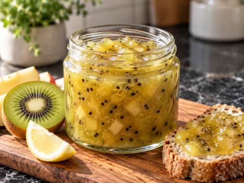 Apfel-Kiwi-Konfitüre in drei Schraubgläsern auf dem Frühstückstisch mit Brötchen und frischen Kiwis