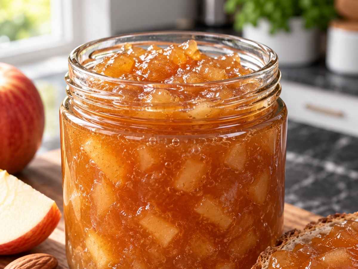 Nahaufnahme von Apfel-Mandel-Konfitüre mit kleinen Apfelstückchen auf einer Scheibe Bauernbrot mit Butter