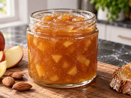 Apfel-Mandel-Konfitüre in vier Schraubgläsern auf einem Holztisch mit frischen Äpfeln und Bauernbrot