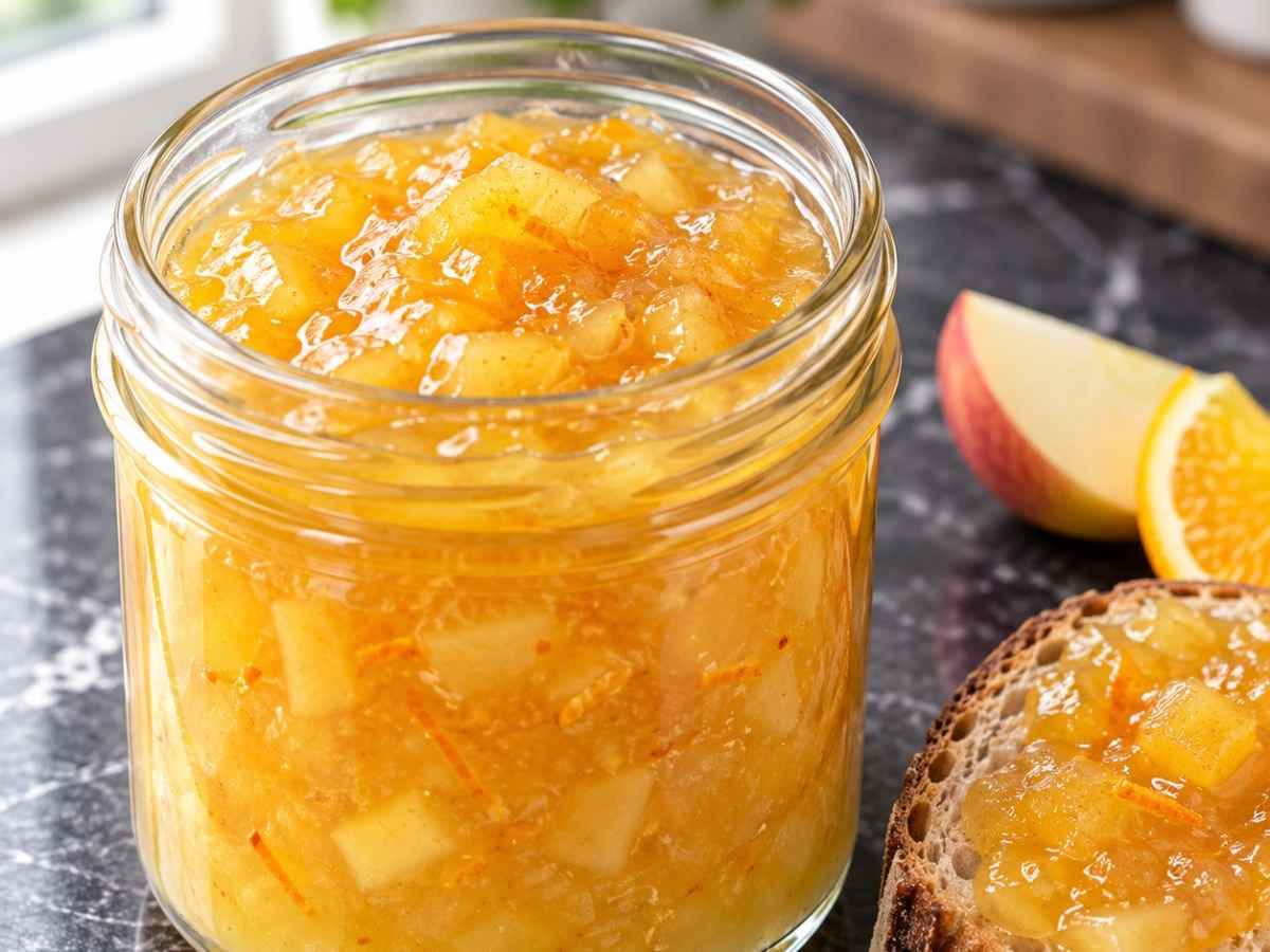 Nahaufnahme von goldgelber Apfel-Marzipan-Konfitüre mit feinen Frucht- und Orangenstückchen auf einem Löffel