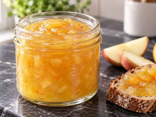 Apfel-Marzipan-Konfitüre Drei Gläser Apfel-Marzipan-Konfitüre mit Orange auf einem adventlich gedeckten Frühstückstisch