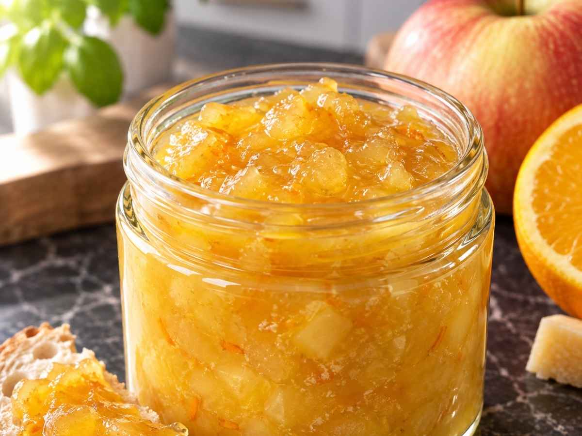 Apfel-Orangen-Aufstrich mit Marzipan 2 Nahaufnahme von Apfel-Orangen-Aufstrich mit Marzipan auf einer Scheibe Bauernbrot mit Butter