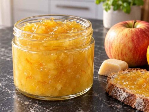 Apfel-Orangen-Aufstrich mit Marzipan in kleinen Schraubgläsern mit Etiketten, daneben Äpfel und Orangen auf dem Küchentisch