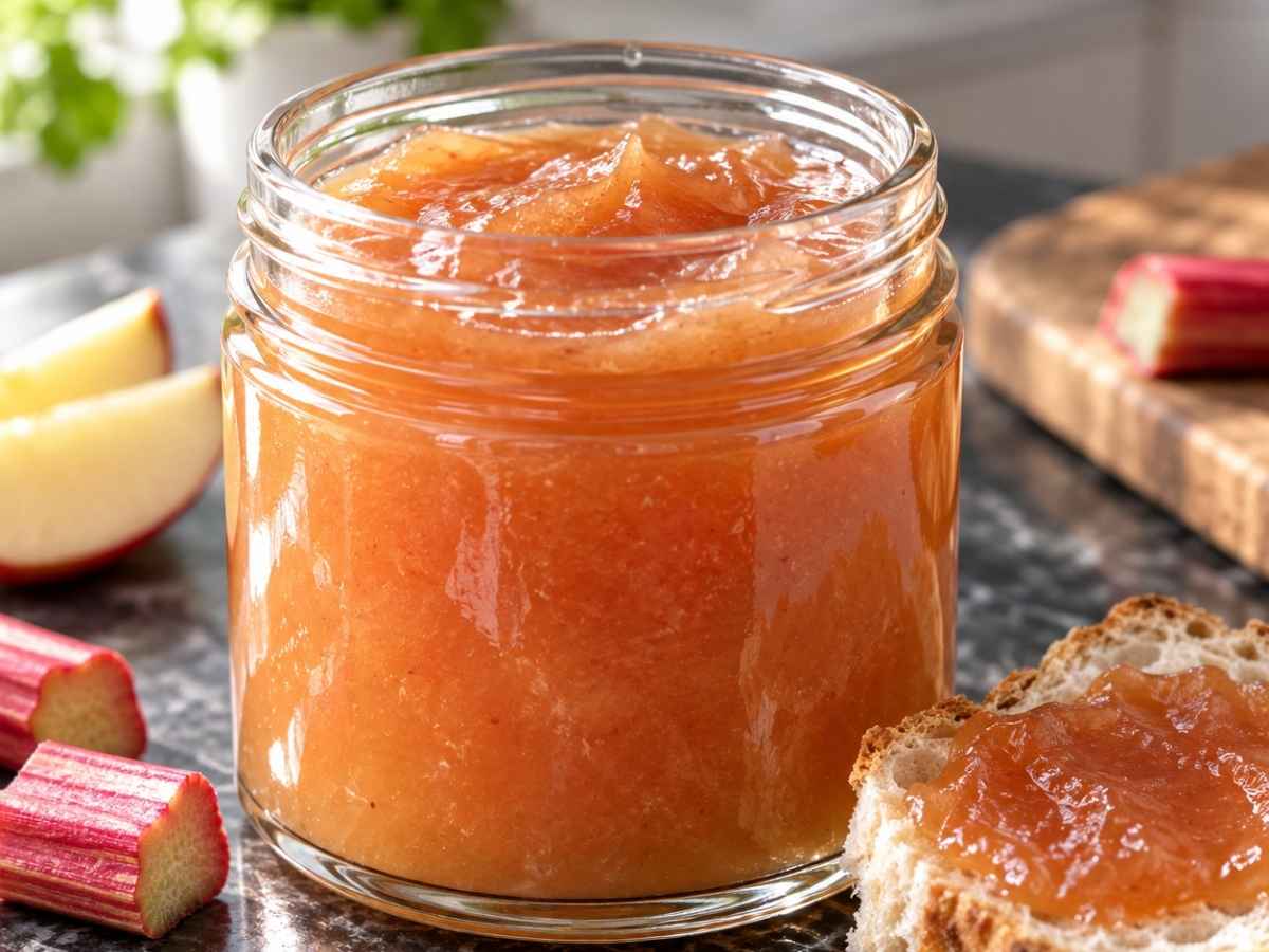 Nahaufnahme von Apfel-Rhabarber-Konfitüre auf einer Brötchenhälfte mit Butter, daneben ein Löffel im offenen Glas