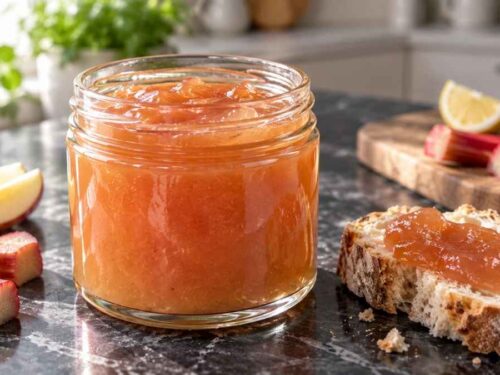 Apfel-Rhabarber-Konfitüre in fünf Schraubgläsern neben frischen Brötchen, Butter und Rhabarberstangen
