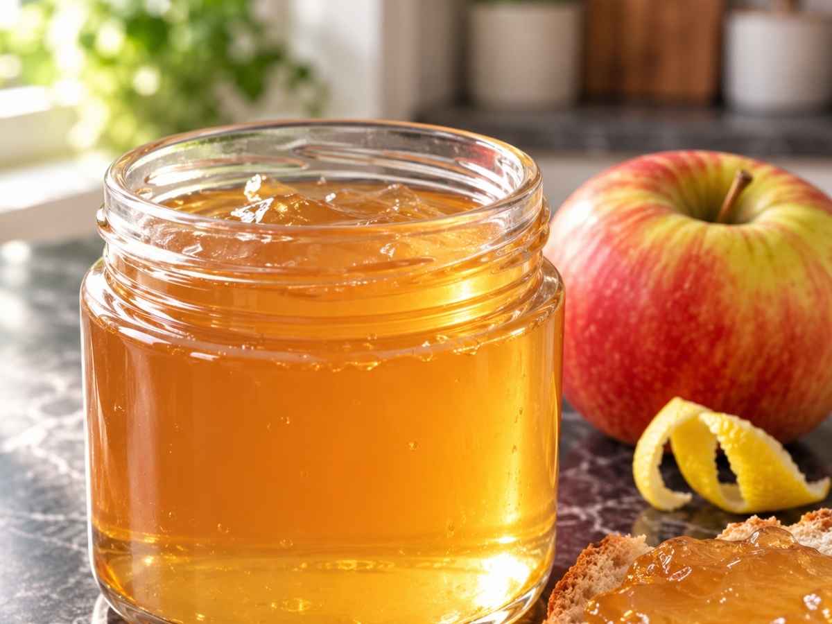 Apfelgelee 2 Bernsteinfarbenes Apfelgelee mit Calvados auf frischem Roggenbrot
