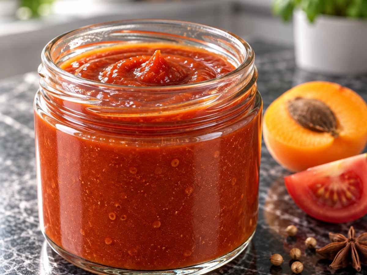 Nahaufnahme von cremigem Aprikosen-Tomaten-Ketchup auf einem Löffel