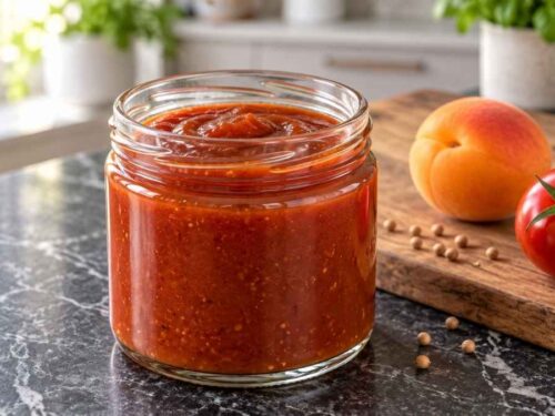 Aprikosen-Tomaten-Ketchup Selbstgemachtes Aprikosen-Tomaten-Ketchup in vier Einmachgläsern