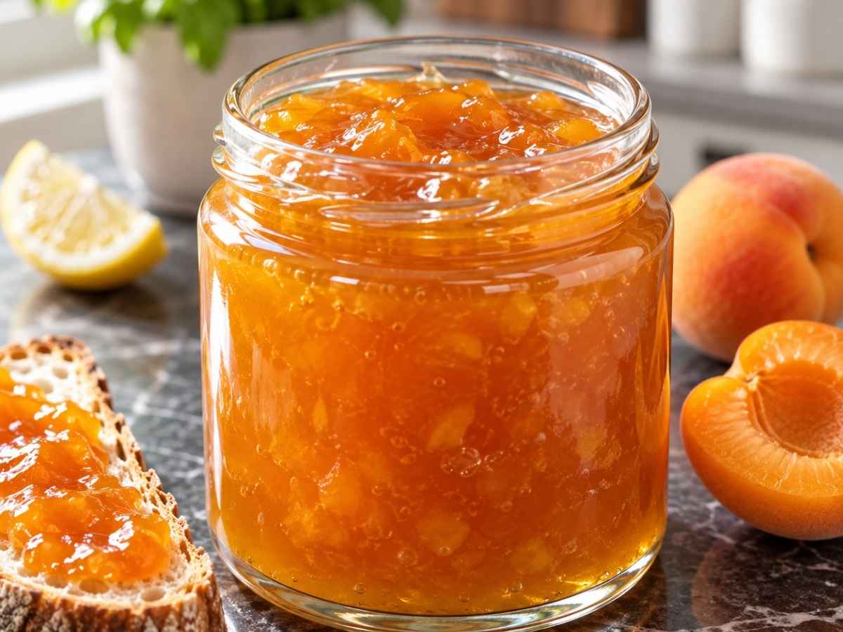 Aprikosenmarmelade mit Fruchtstückchen auf Brot gestrichen
