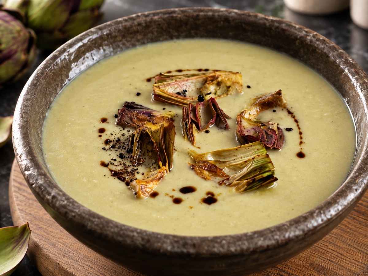 Nahaufnahme von Artischockensuppe vegan mit gebratenen Artischockenscheiben und Balsamico-Tropfen