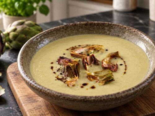 Artischockensuppe vegan in tiefem Teller mit gebratenen Artischockenscheiben und Balsamico