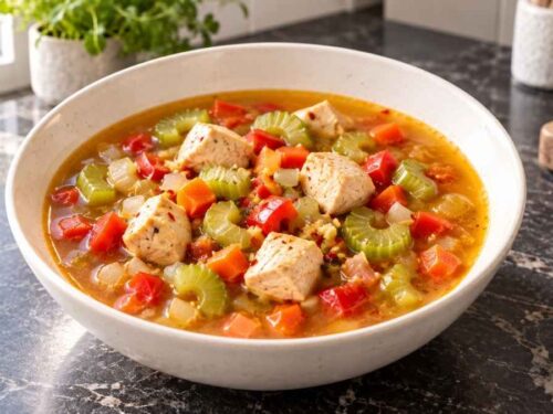 Asia-Gemüse-Suppe mit Hähnchen, Möhren, Paprika und Staudensellerie in einer Schüssel