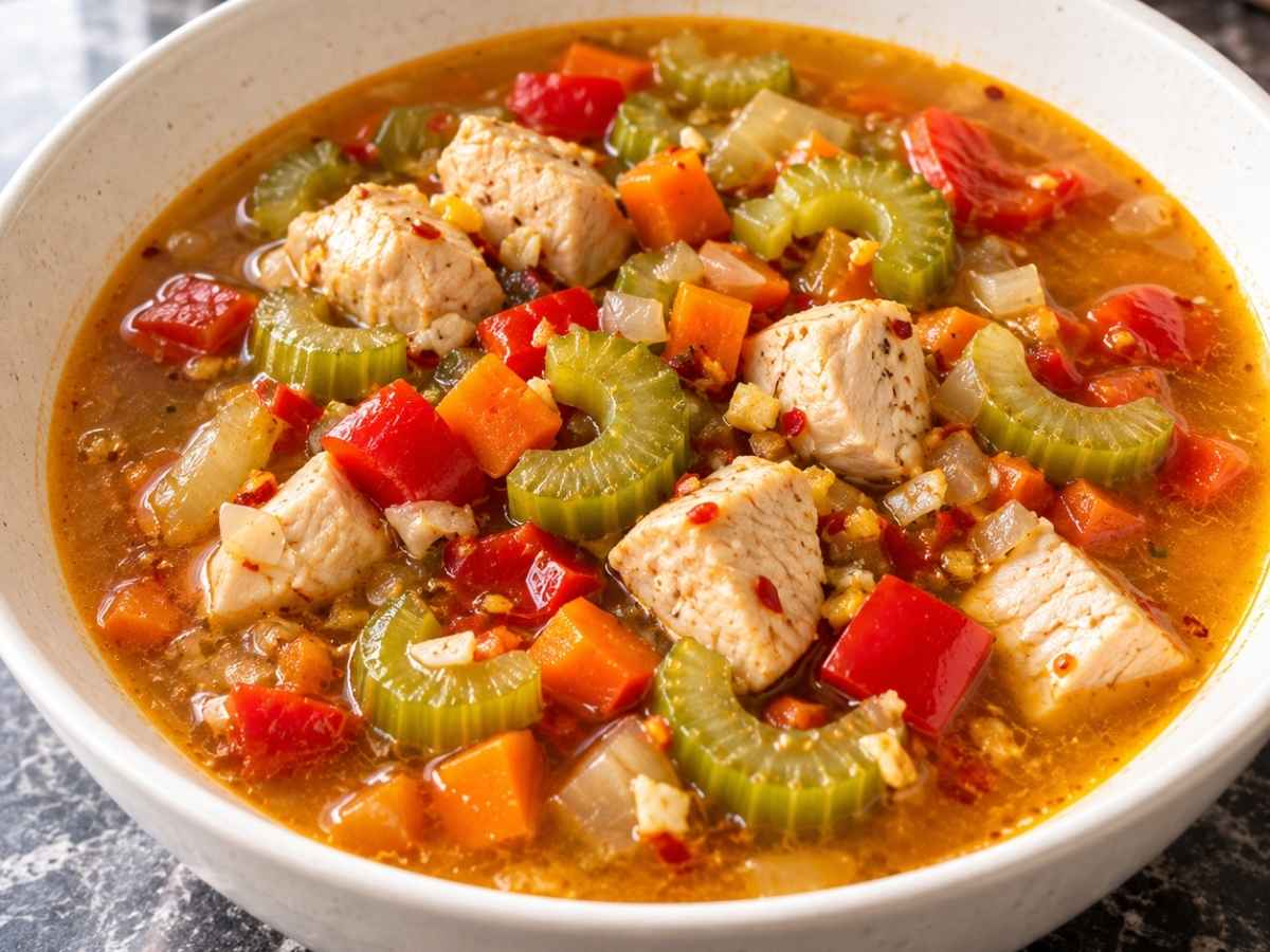 Asia-Gemüse-Suppe mit Hähnchen 2 Nahaufnahme der Asia-Gemüse-Suppe mit Hähnchenwürfeln, Paprika und Möhren